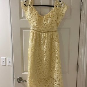 ASTR the Label yellow lace midi off the shoulder dress